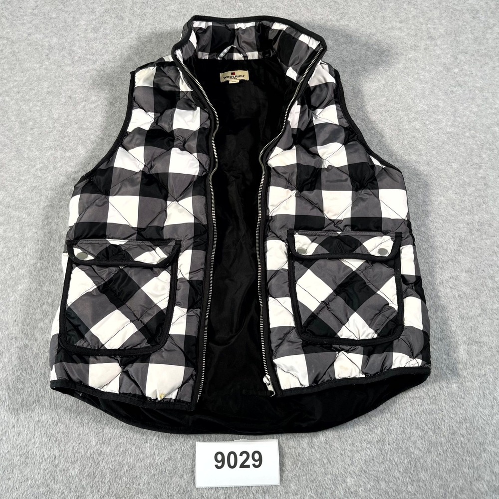 Woolrich Duck Down Feathers Puffer Vest Womens Medium Black White‎ Plaid